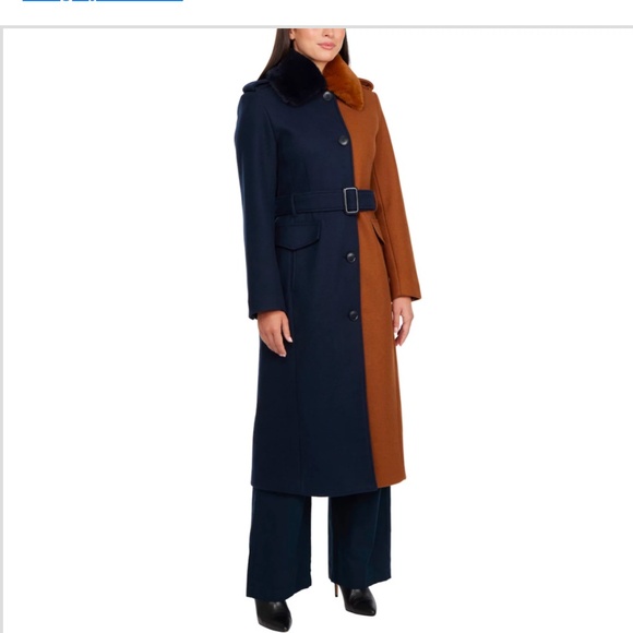 Brand new! Badgley Mischka Terry color blocking Cognac/Navy long coat. Size-M. - Picture 3 of 16